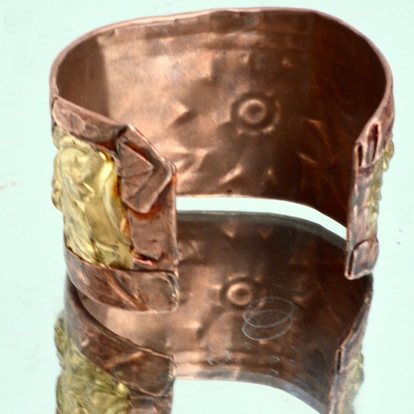 Rose Brass Copper Cuff Bracelet Wide Bohemian Repoussé Handmade Brutalist Rustic - Picture 3 of 8